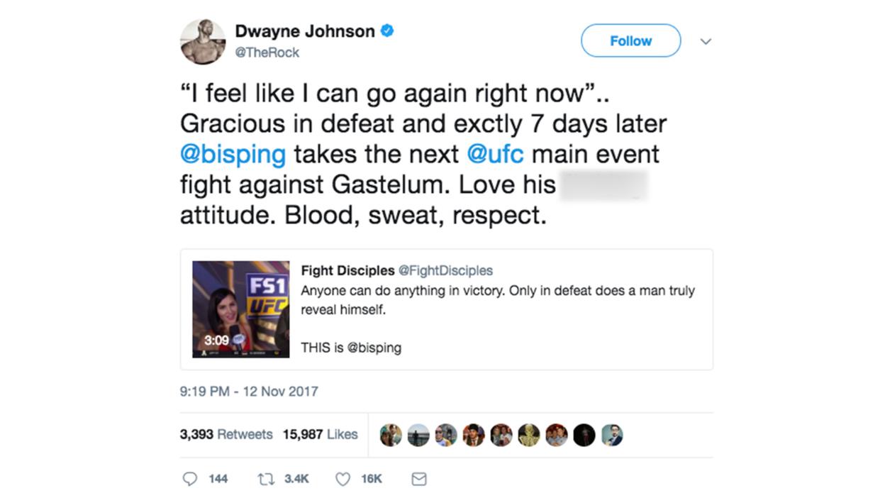 The Rock tweets about Bisping competing at UFC Shanghai