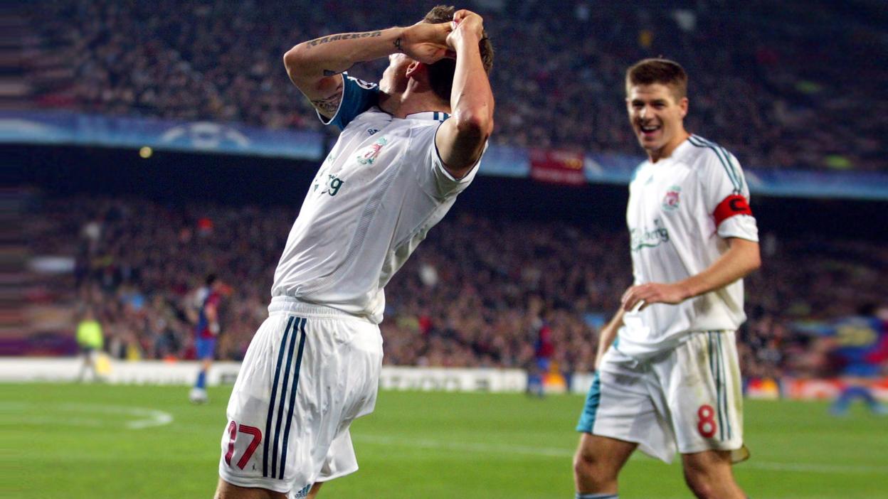 Craig Bellamy celebrates goal against Barcelona with golf swing, 2007