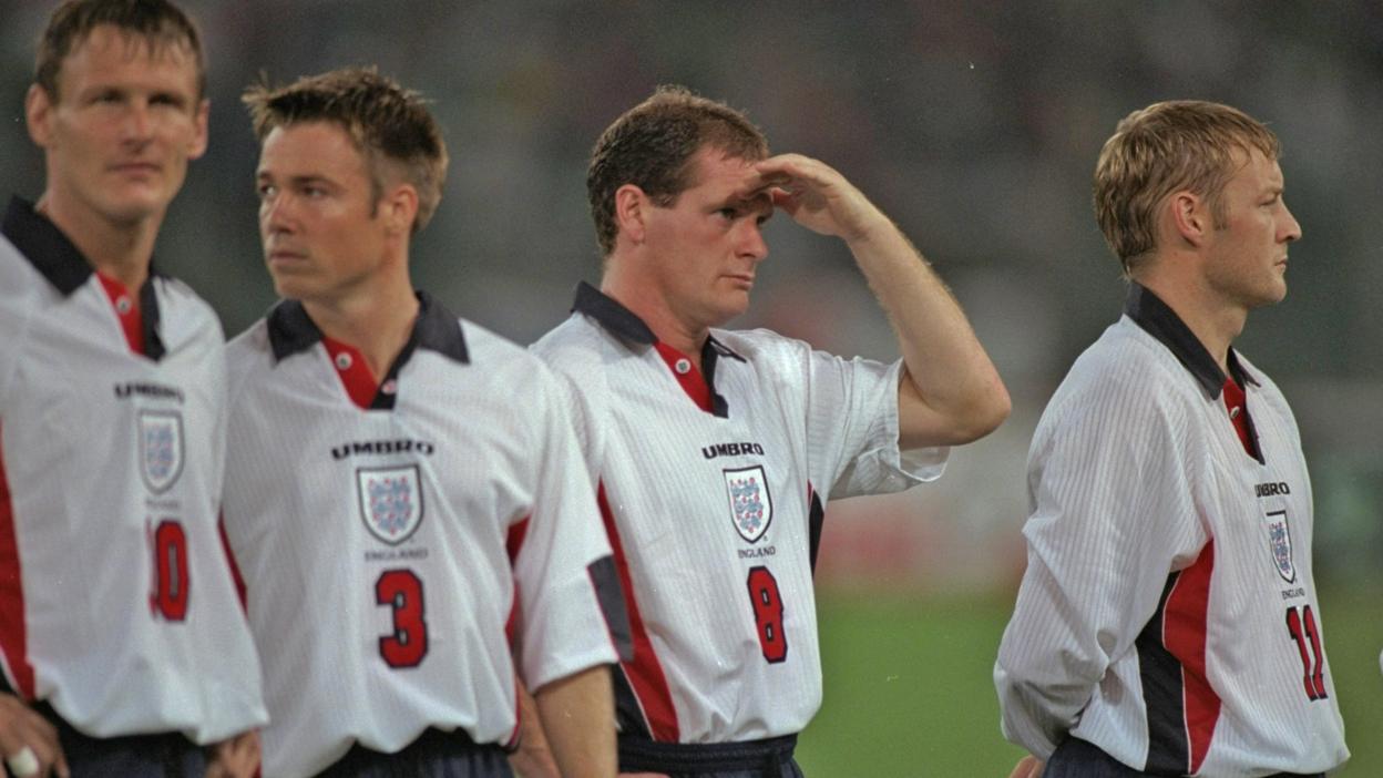 England line-up - Teddy Sheringham, Graeme Le Saux, Paul Gascoigne, David Batty, 1997