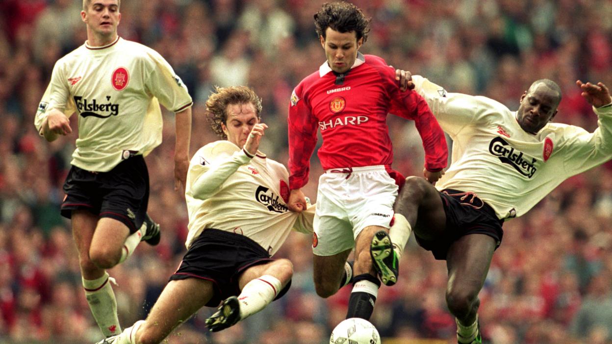 Ryan Giggs is challenged by Jason McAteer and Michael Thomas, Manchester United vs Liverpool, 1996
