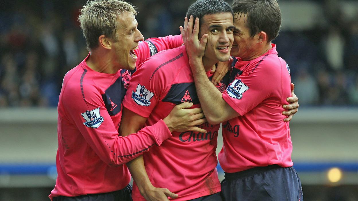 Phil Neville, Tim Cahill and Leighton Baines, Birmingham City v Everton 2010