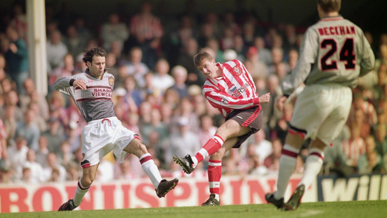 Matt Le Tissier shoots at goal, while Ryan Giggs challenges, Southampton Vs Manchester United, 1996