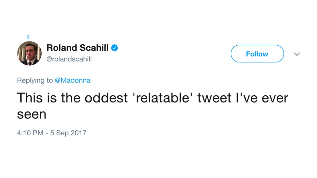 A screenshot of a tweet, reading, "This is the oddest relatable tweet I