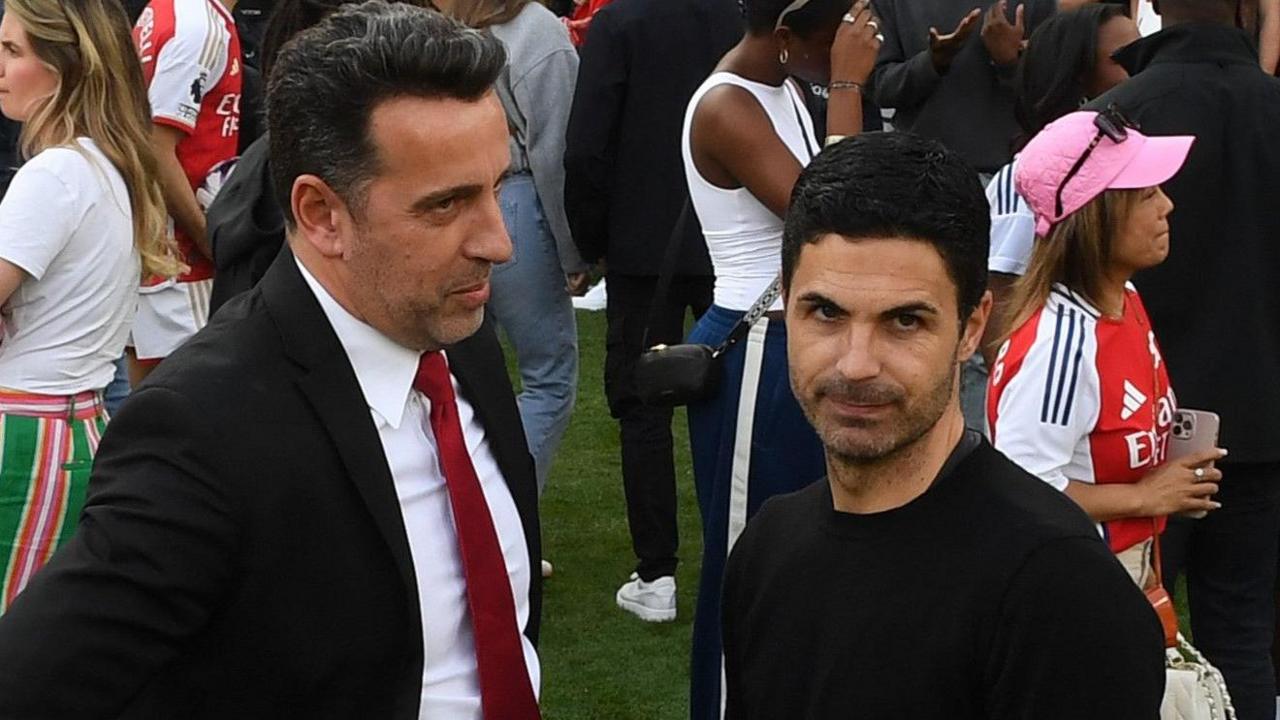 Arsenal sporting director Edu with manager Mikel Arteta after the last Premier League game of the 2023-24 season