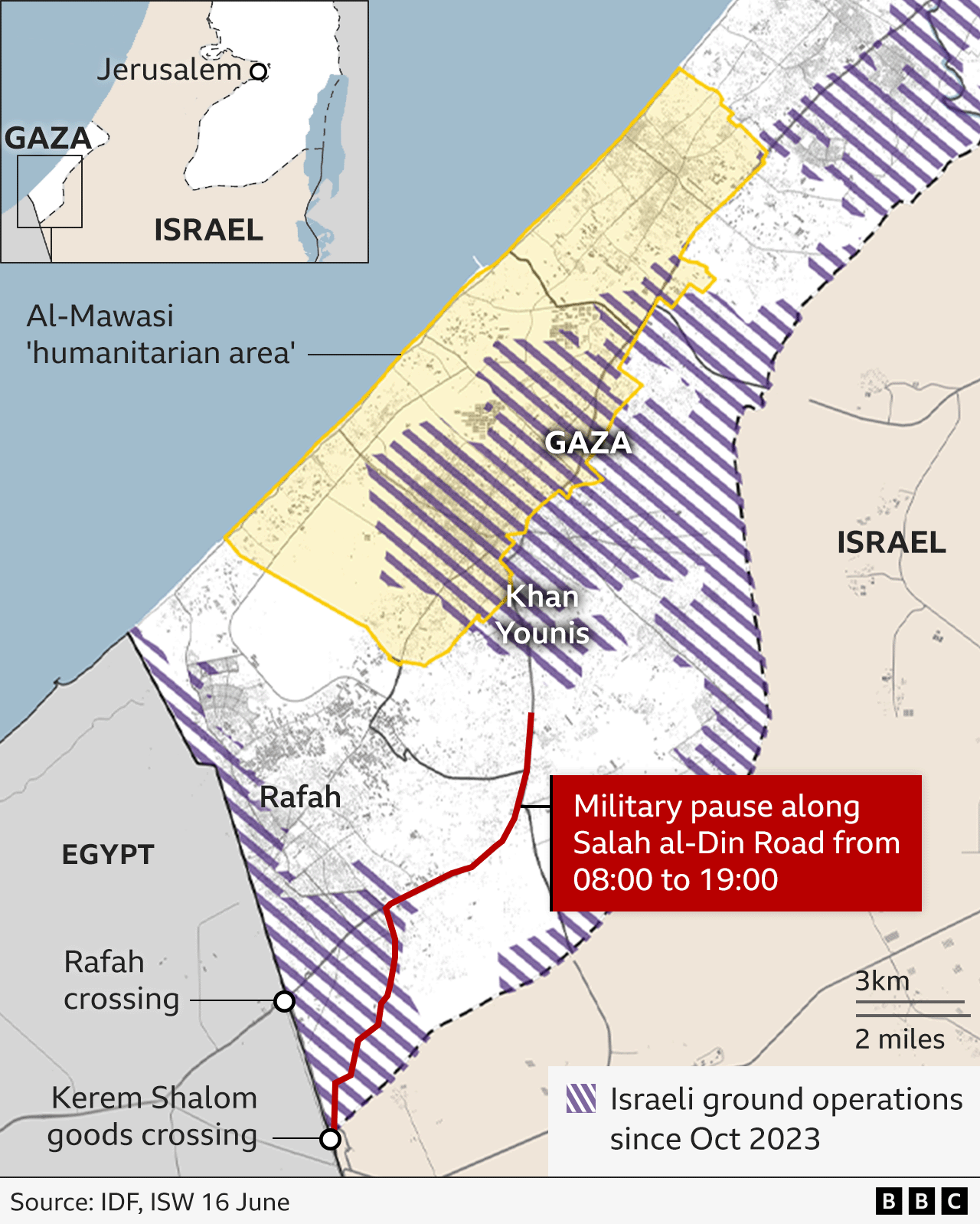 Map showing southern Gaza  and route where IDF say they will pause military activity