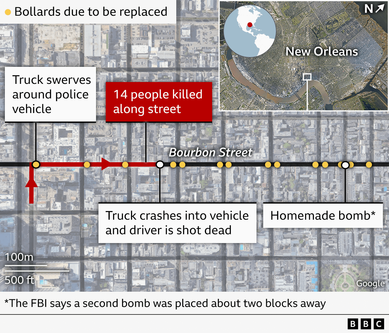 An annotated satellite image shows the location in New Orleans where a truck rounded a corner and killed 14 people along Bourbon Street, before the vehicle crashed and the driver was shot dead. The FBI says two homemade bombs were found in different locations several blocks away