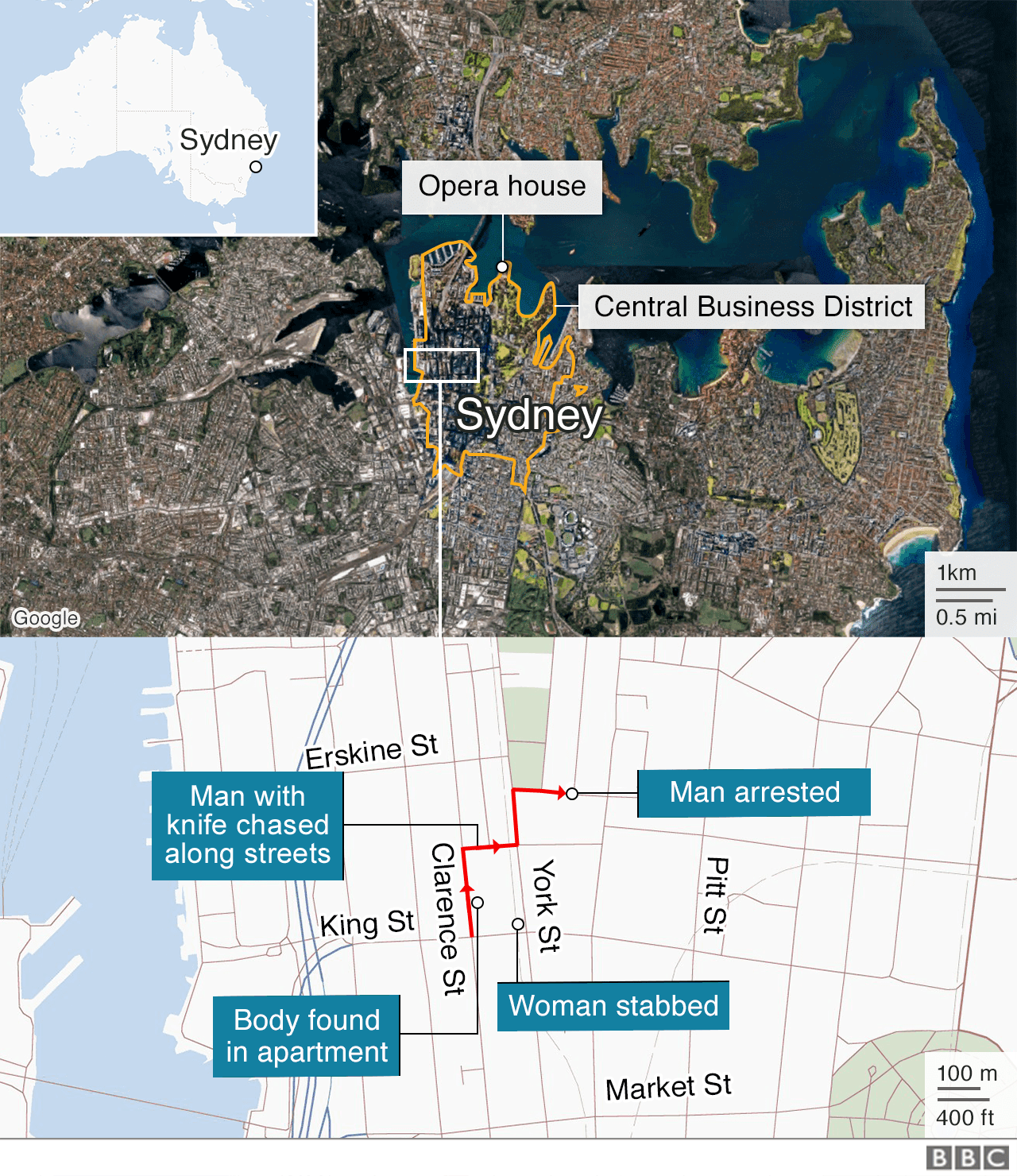 Map showing the area in Sydney where the attack took place and where a man was arrested