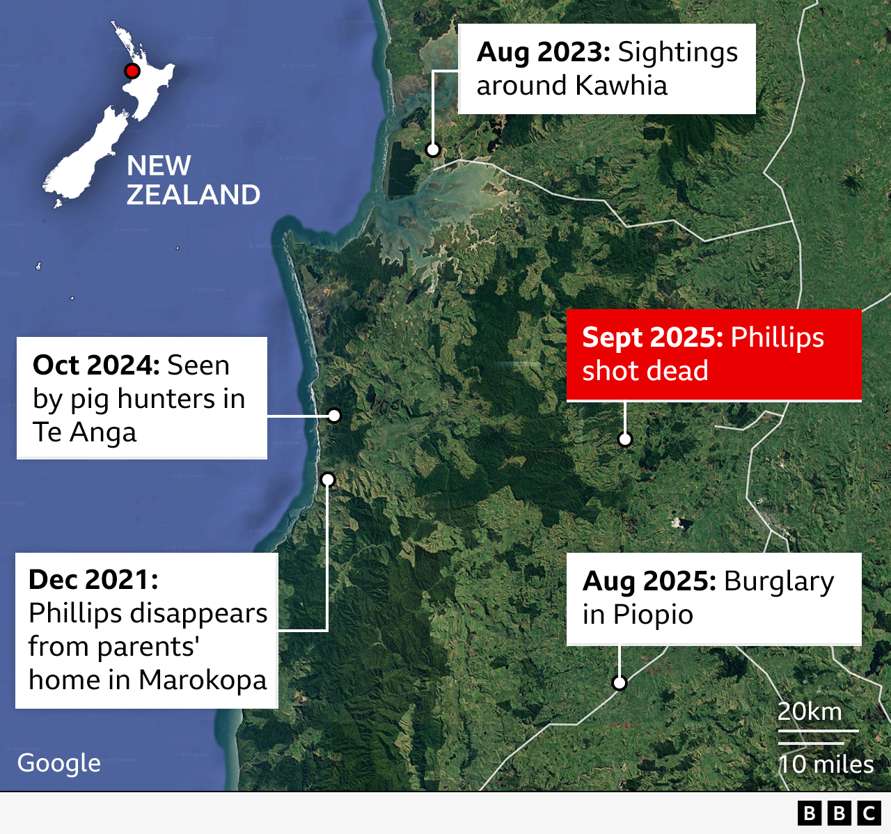 Map of a region in New Zealand showing key events related to Tom Phillips, including disappearance in Marokopa (Dec 2021), sightings in Kawhia (Aug 2023), encounter in Te Anga (Oct 2024), burglary in Piopio (Aug 2025), and fatal shooting (Sept 2025). The satellite image shows the area is green and mountainous