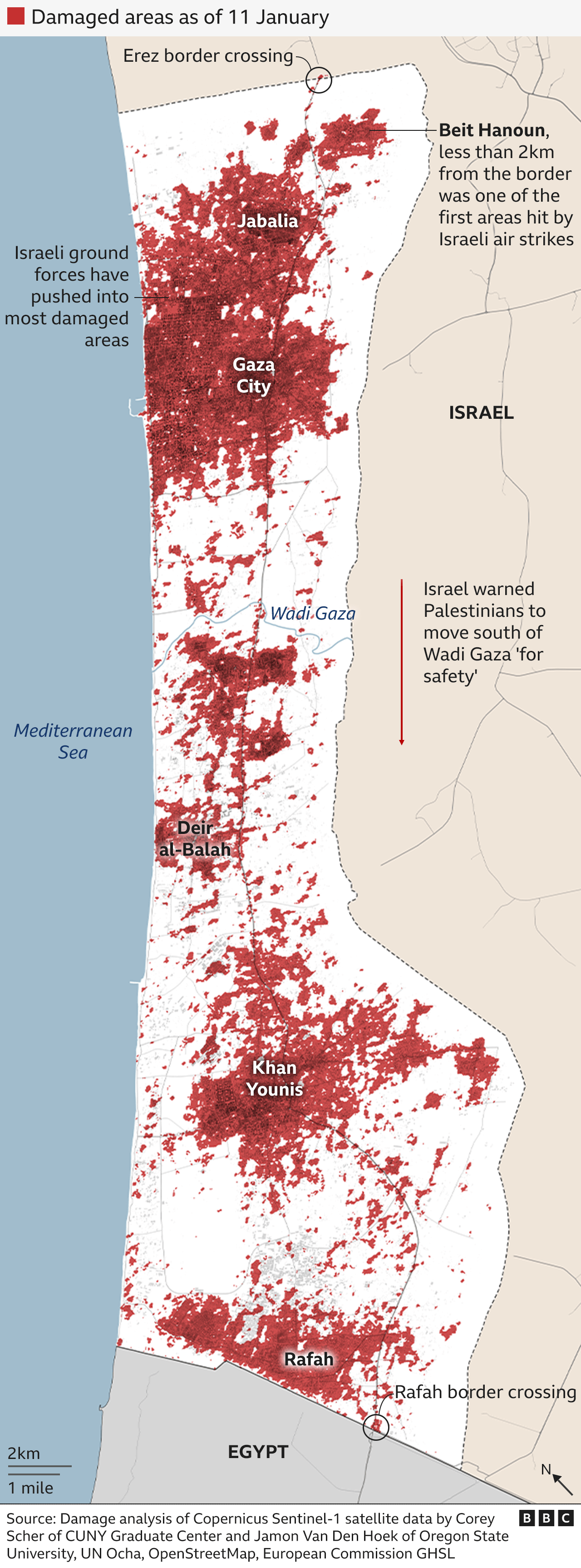 Map showing damaged areas of the Gaza Strip (11 January 2025)