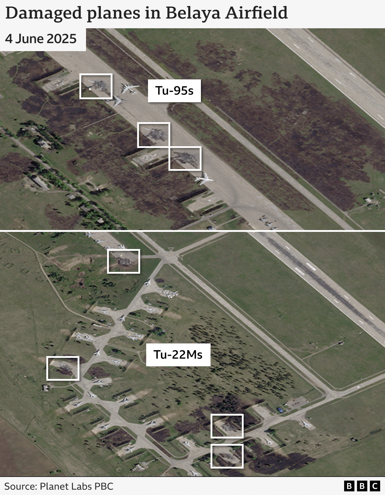 A satellite image showing damage caused to jets on the runway in Belaya.