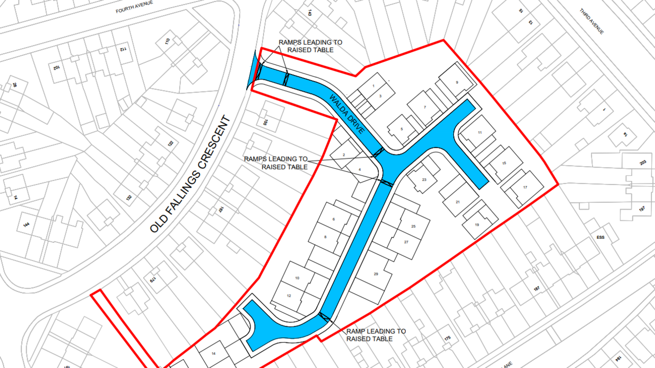 A map showing a curved road called Old Fallings Crescent. A road leading off it, coloured blue, is Walda Drive. Pointers are used to indicate three points on the map, which are labelled "RAMPS LEADING TO RAISED TABLE".