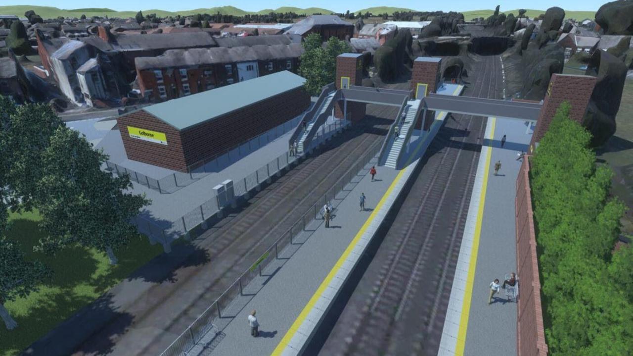 An artist impression of Golborne train station, with the track running down the middle and housing in the distance. A brick station building is to the left side of the two-platform railway line and there are benches 