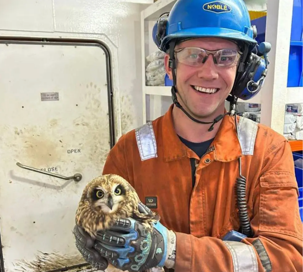 Offshore worker Sam Crowe and the owl