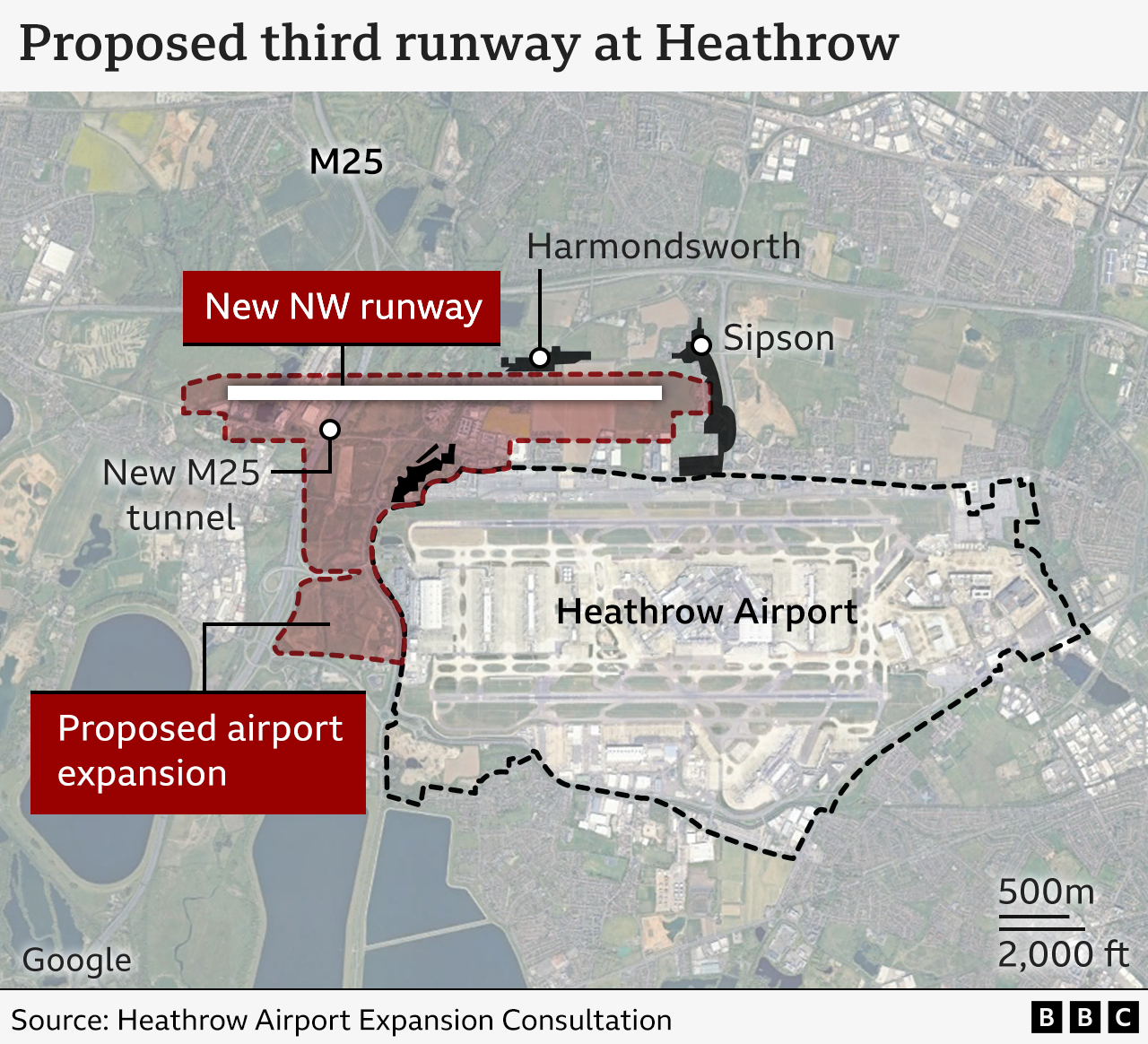 Map of area around Heathrow showing current airport footprint and planned expansion including site of the proposed runway to the north west of the site.