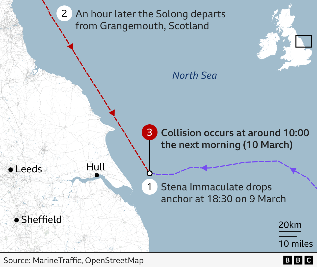 Map showing the route of ships Stena Immaculate and Solong until they collided off the coast of Hull