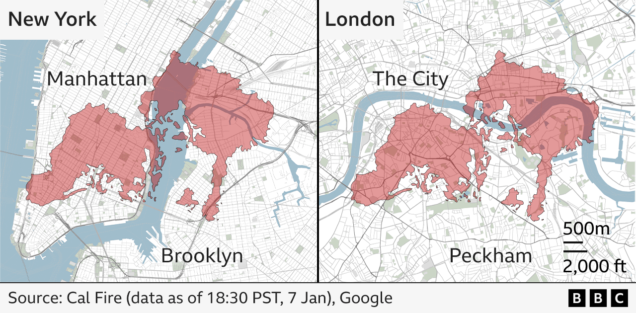 Maps showing the size of the Palisades fire when superimposed on to maps of New York (L) and London (R)