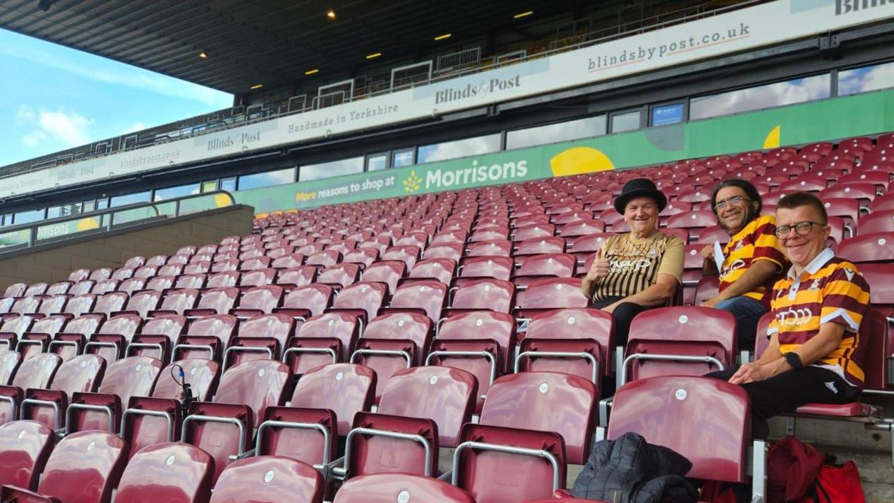 Bradford City fans (from left) Leonard Berry (former "City Gent" mascot); Manny Dominguez, chair of the Bantams Supporters' Trust, and Nick Kitchen