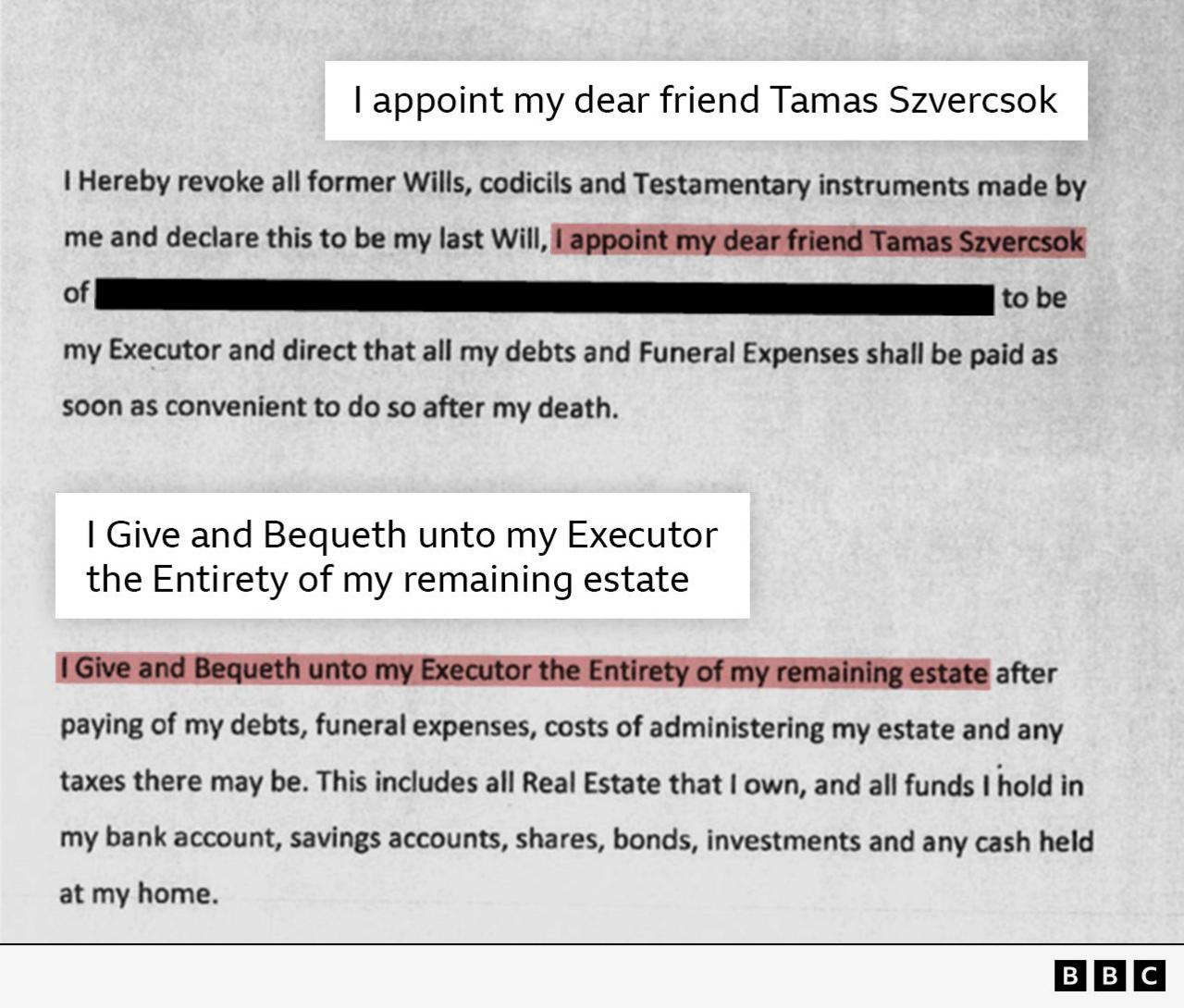 An extract from the will of Christine Harverson, which reads: I hereby revoke all former wills, codicils and testamentary instruments made by me and declare this to be my last Will. I appoint my dear friend Tamas Szvercsok to be my executor and direct that all my debts and funeral expenses shall be paid as soon as convenient to do so after my death.
"I give and bequeath unto my executor the entirety of my remaining estate after paying of my debts, funeral expenses, costs of administering my estate and any taxes there may be. This includes all real estate that I own, and all funds I hold in my bank account, savings accounts, shares, bonds, investments and any cash held at my home."