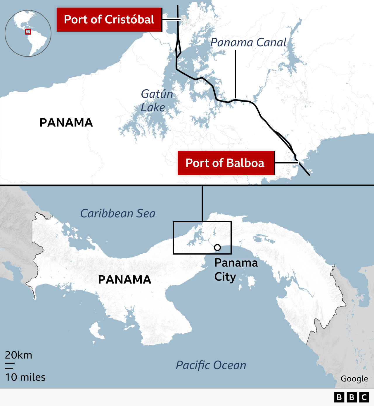 A map showing the location of the Panama Canal and the Port of Cristobal at the northern entrance to the canal and the Port of Balboa at its south entrance.