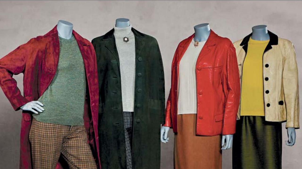 Mannequins wearing four colourful mod outfits from the 1960s