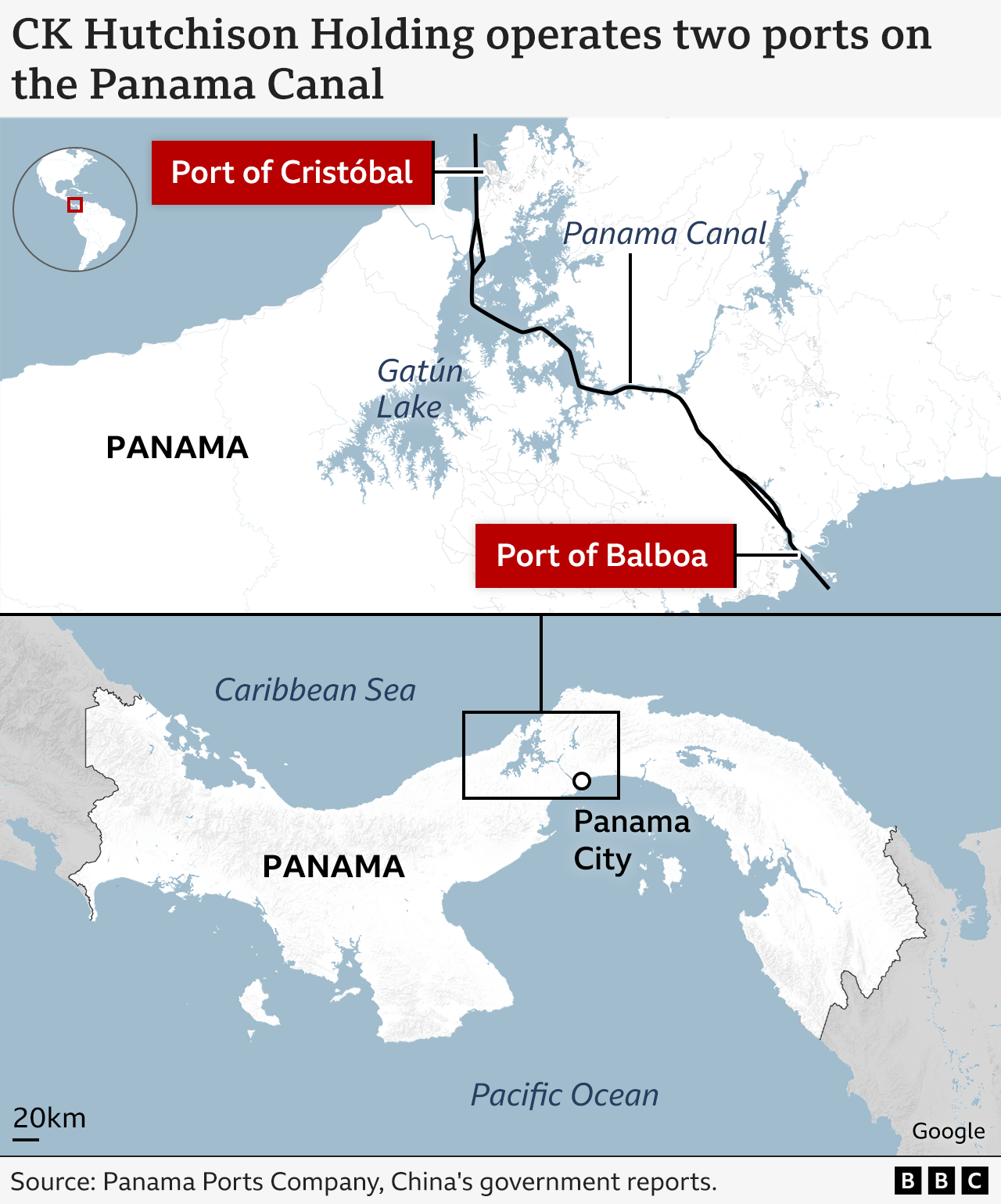 A map showing the location of the Panama Canal and the Port of Cristobal at the northern entrance to the canal and the Port of Balboa at its south entrance.