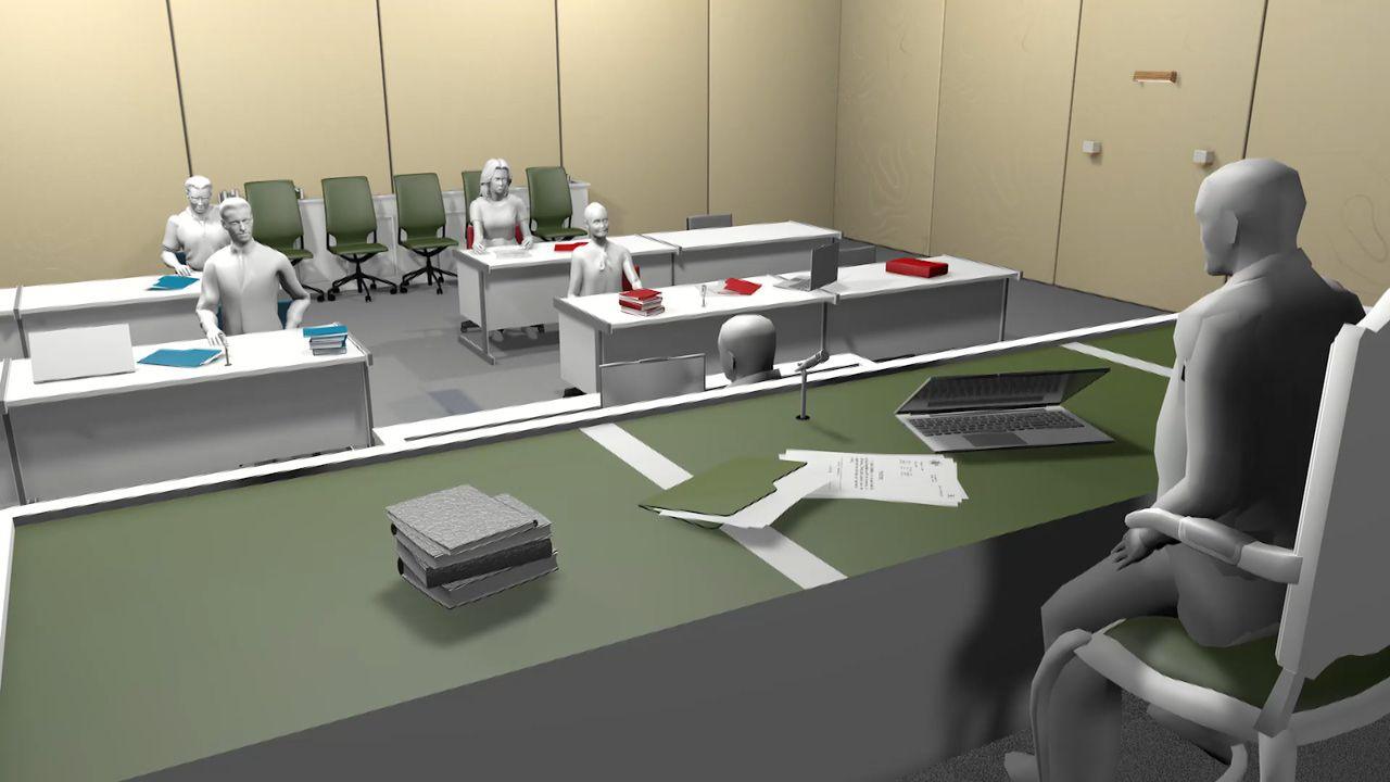 A mock-up of a court room: Four sitting white humanoid figures facing fifth and sixth white figures. The mock-up depicts two lawyers and two litigants facing a court clerk and judge. On desks in front of the figures are red, blue, white and grey depictions of books, papers and laptops.