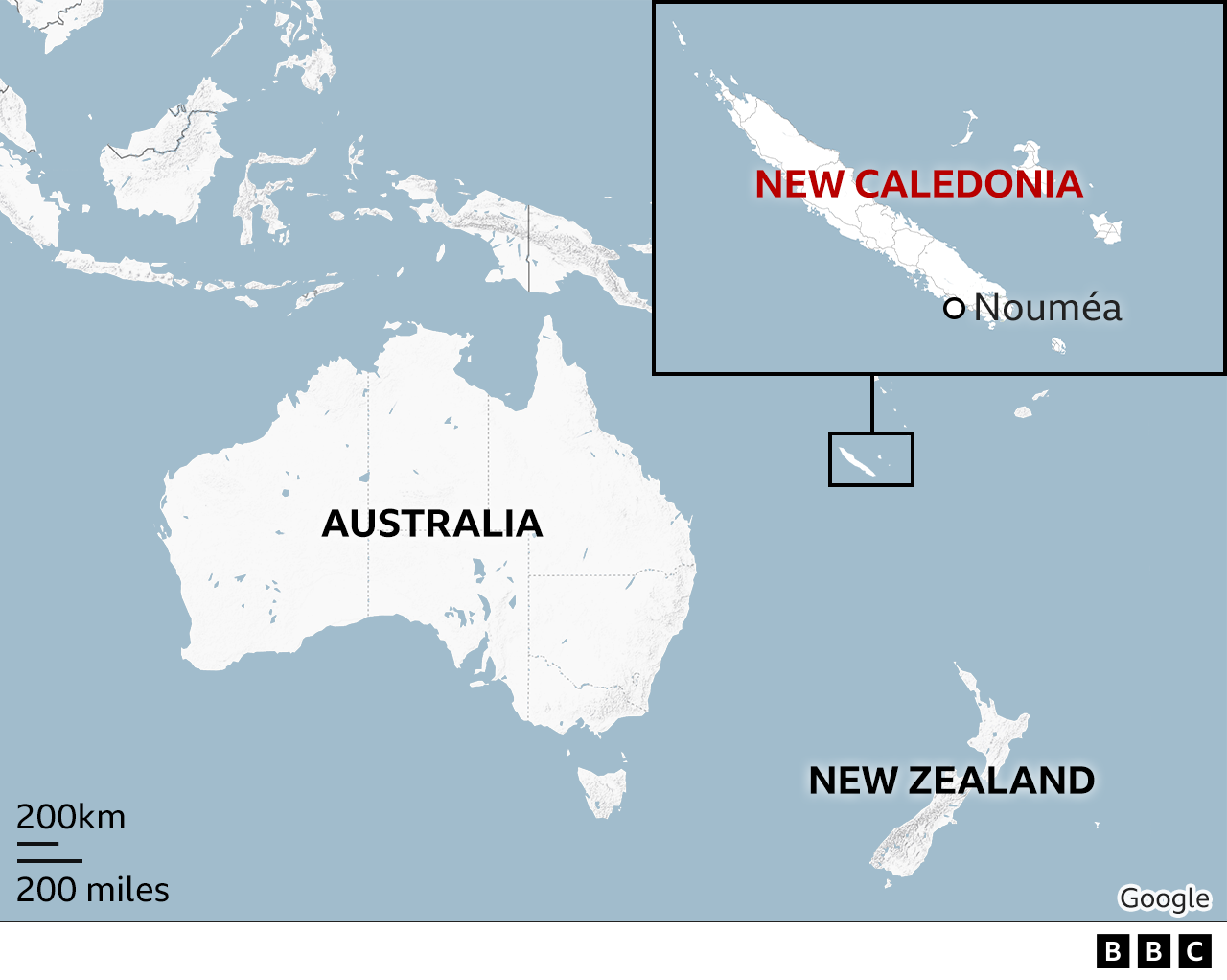 Map showing where New Caledonia sits in relation to Australia and New Zealand