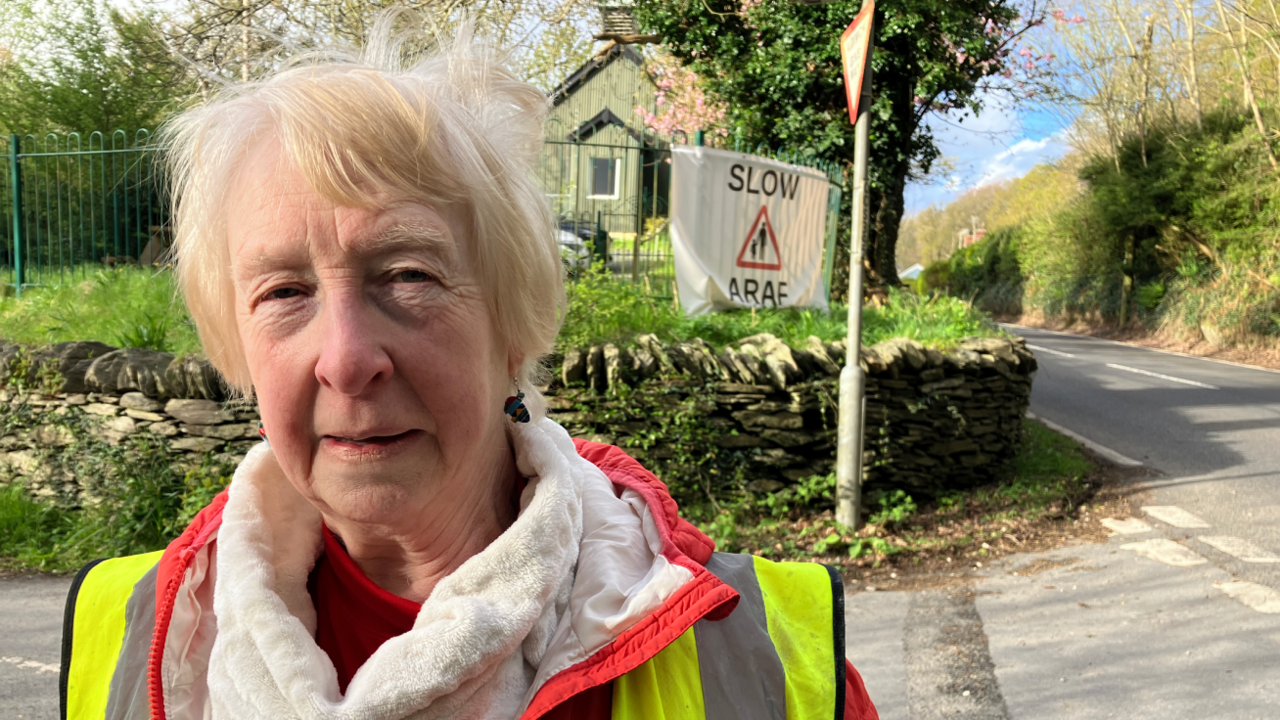 Community councillor Alison Swanson standing by the road