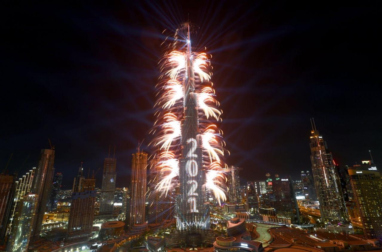 Fireworks explode from the Burj Khalifa, the tallest building in the world, during New Year"s Eve celebrations in Dubai