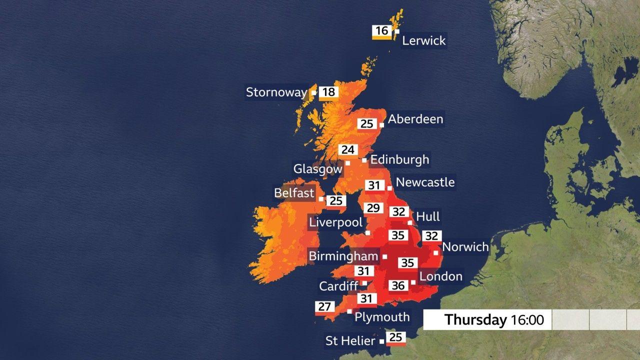 Map of the UK with temperatures ranging from 25C in Scotland and Northern Ireland to 31C in Wales and the southwest, 35 or 36 C in East Anglia and southeast England