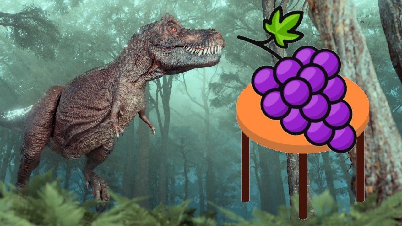 Dinosaur and a table with grapes on it. 