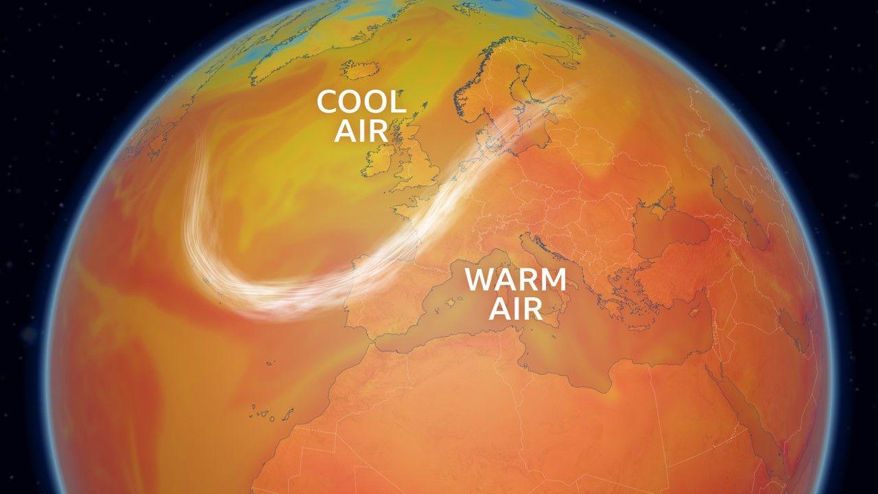 View of Europe showing the jet stream positioned a little to the south of the UK  which is in the cooler air