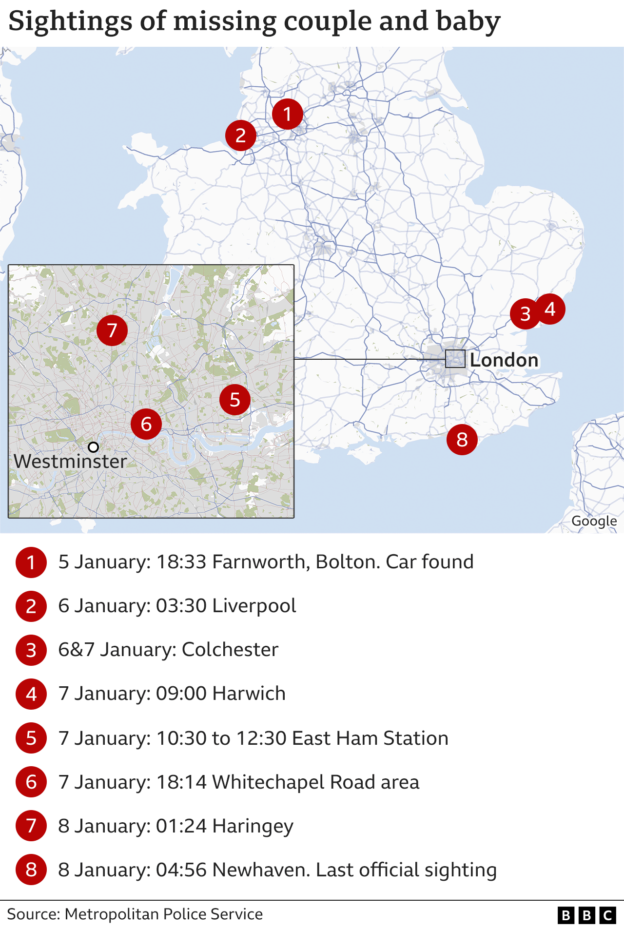 Map of previous sighting of the couple around the UK