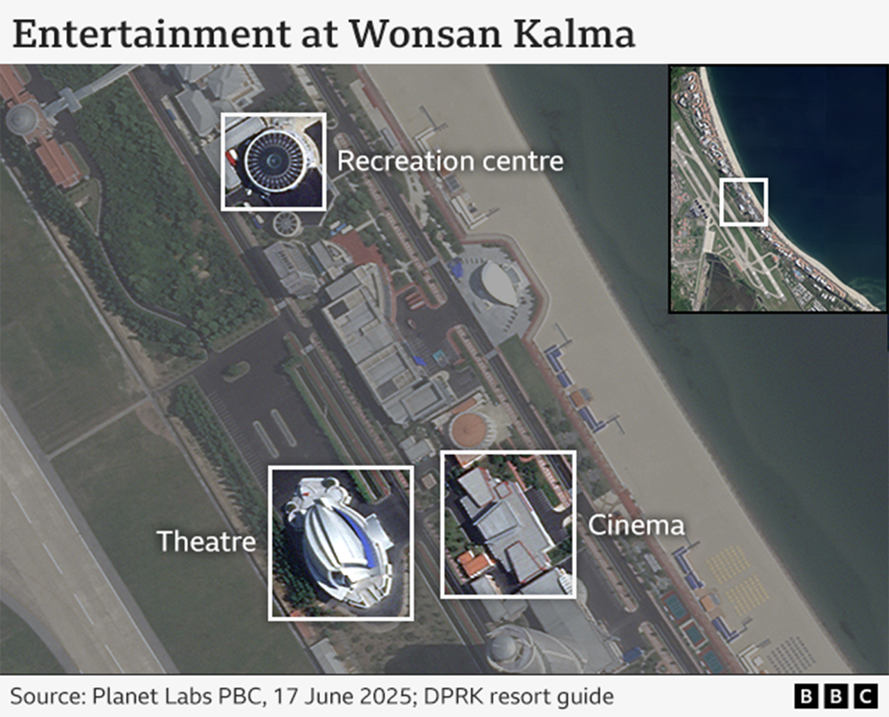 A satellite image of the resort shows a recreation centre, cinema and a theatre. They all sit along the shoreline, where a beach is visible.