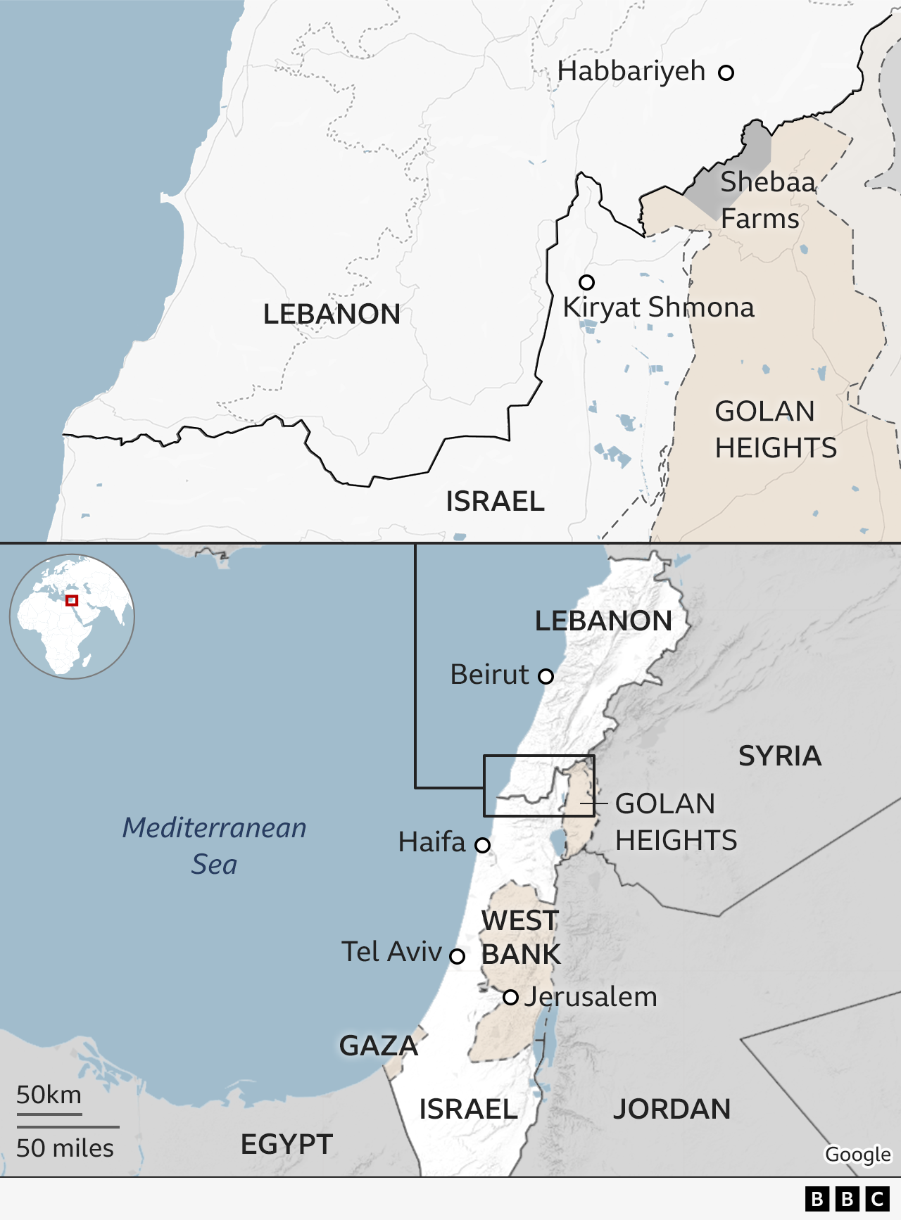 Map of the region, showing the Israel-Lebanon border