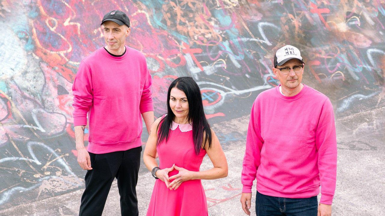 The band Bis - Steven Clark, Amanda McKinnon and John Clark - all dressed in pink while standing in a skate park