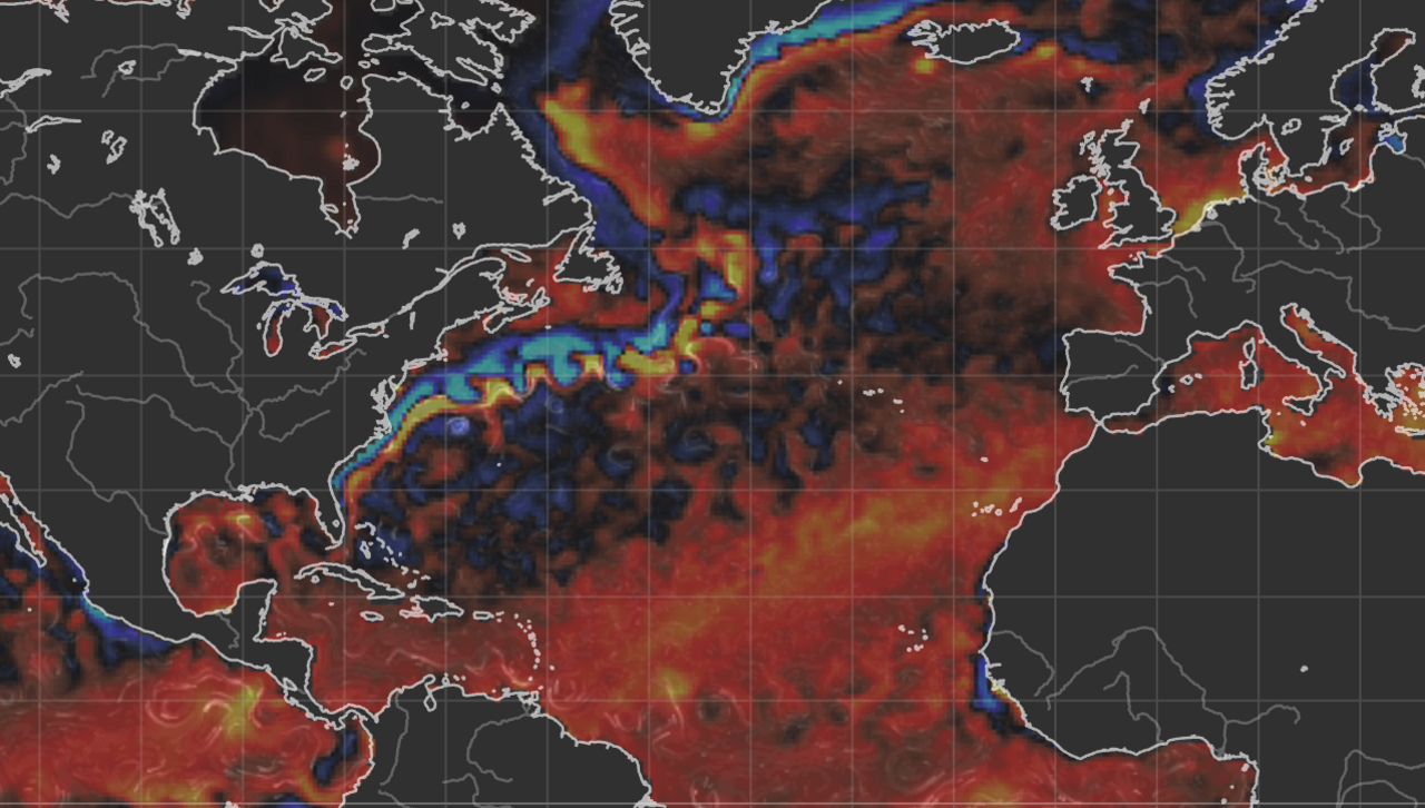 Map of North America, the Atlantic and Europe showing the sea surface temperature anomalies in the Atlantic.  Most of the Atlantic is red indicating record temperatures.