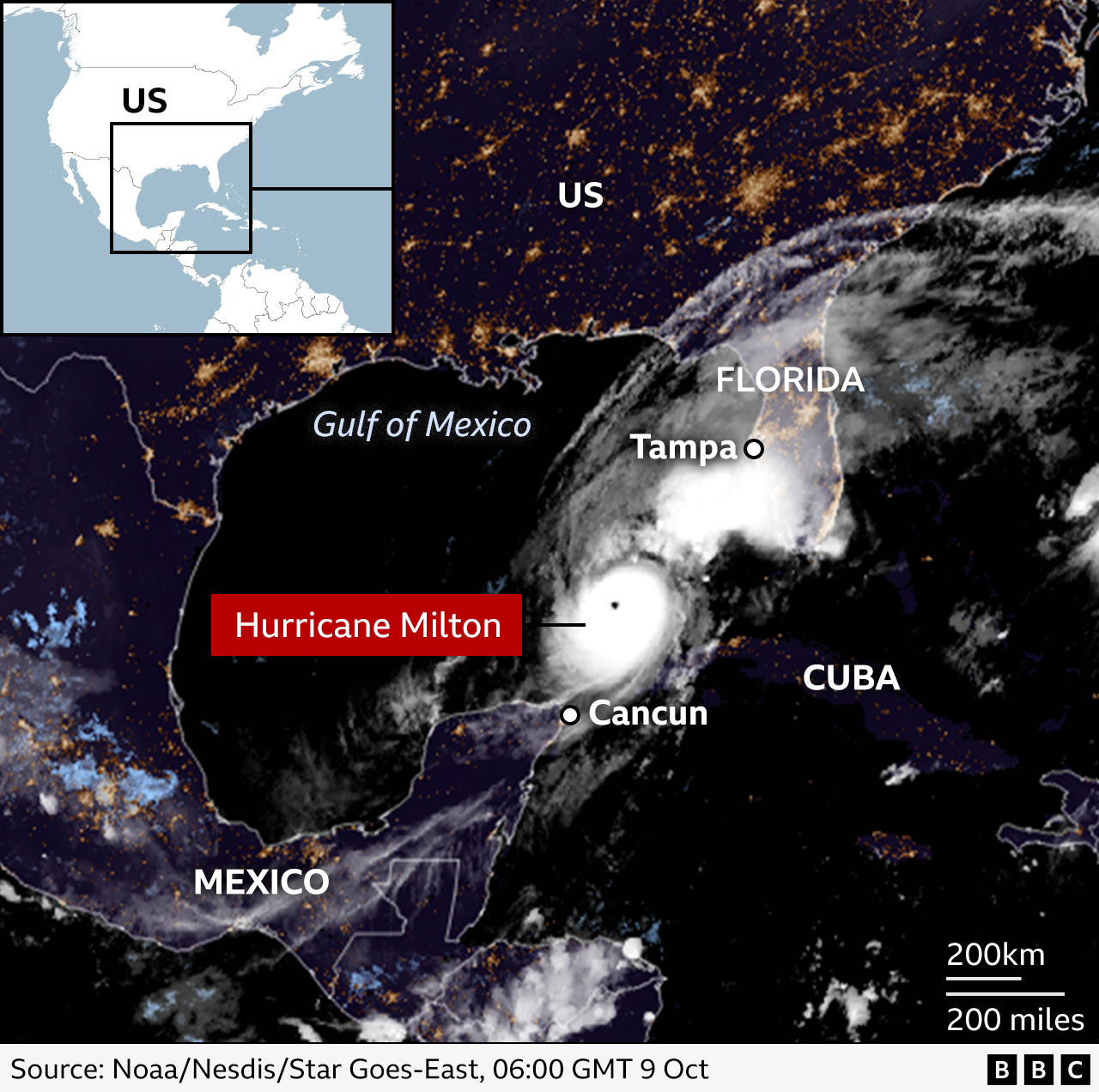 An annotated satellite image shows the location of Hurricane Milton in the Gulf of Mexico, with locations marked including Mexico and Tamps in the US state of Florida