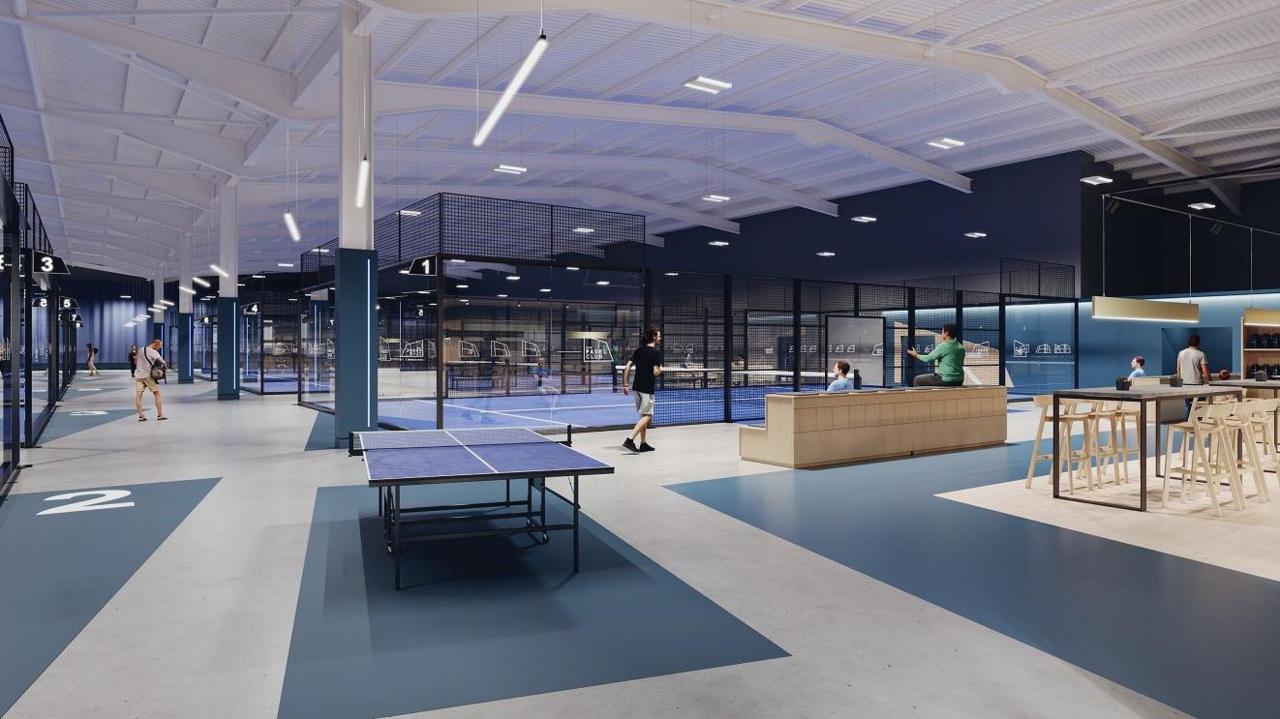 An artist's impression of how the interior of the padel club would look, with blue flooring and padel courts