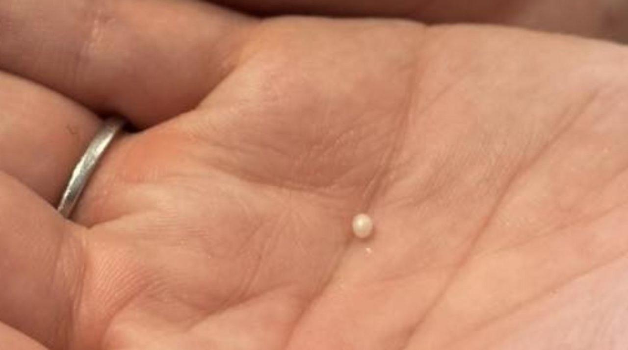 A small pearl being held in the palm of a hand