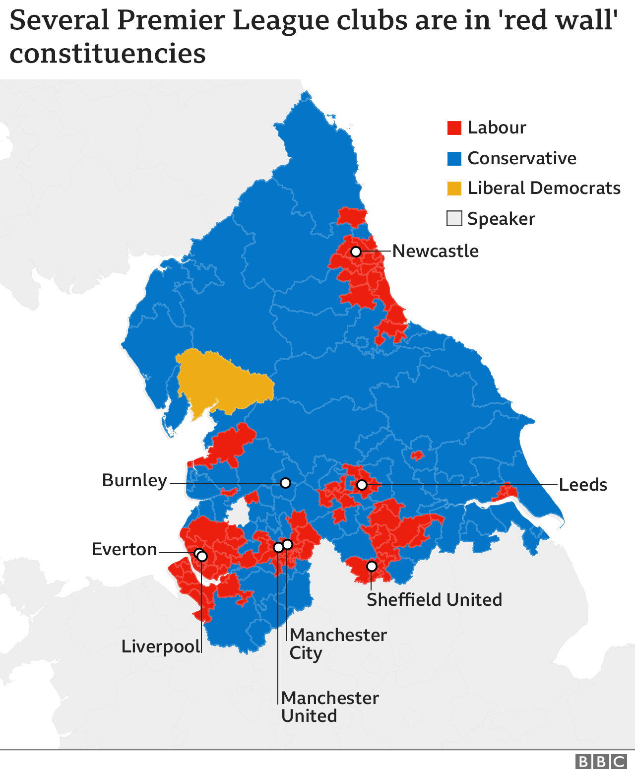 Map of Premier League clubs in Red Wall seats