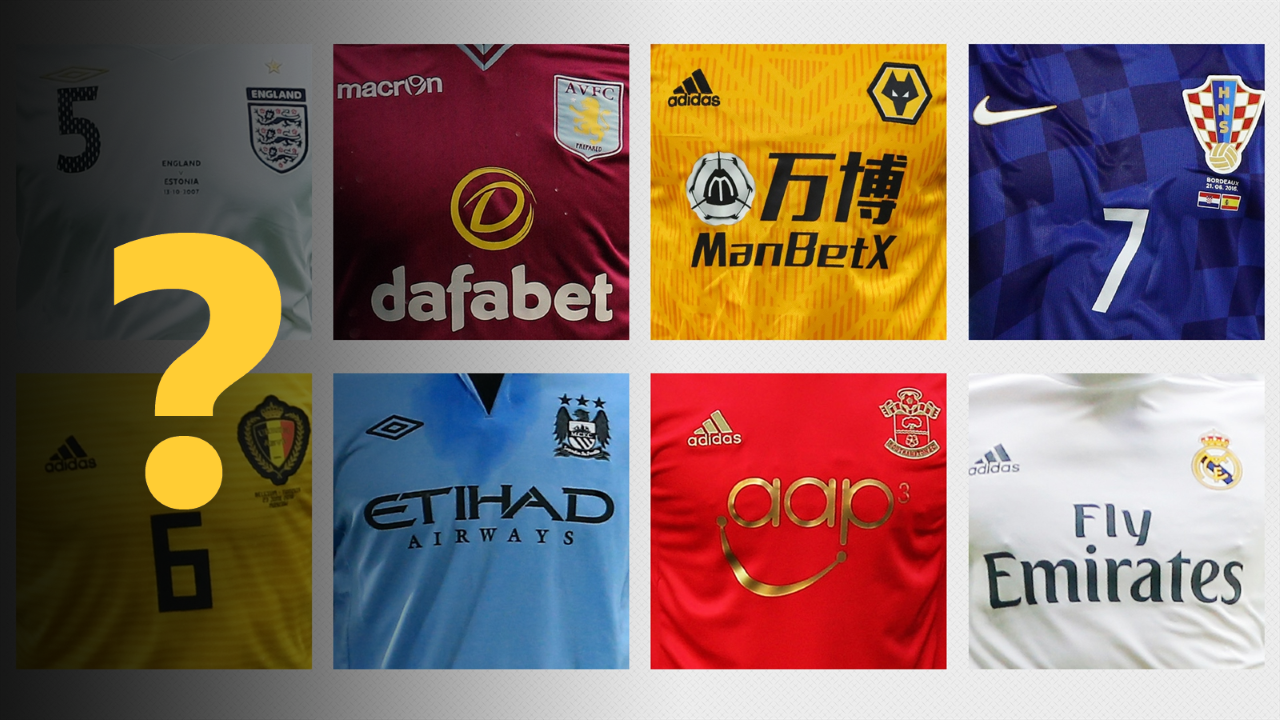 Zoomed in on football shirts: England, Belgium, Aston Villa, Manchester City, Wolverhampton Wanderers, Southampton, Croatia and Real Madrid