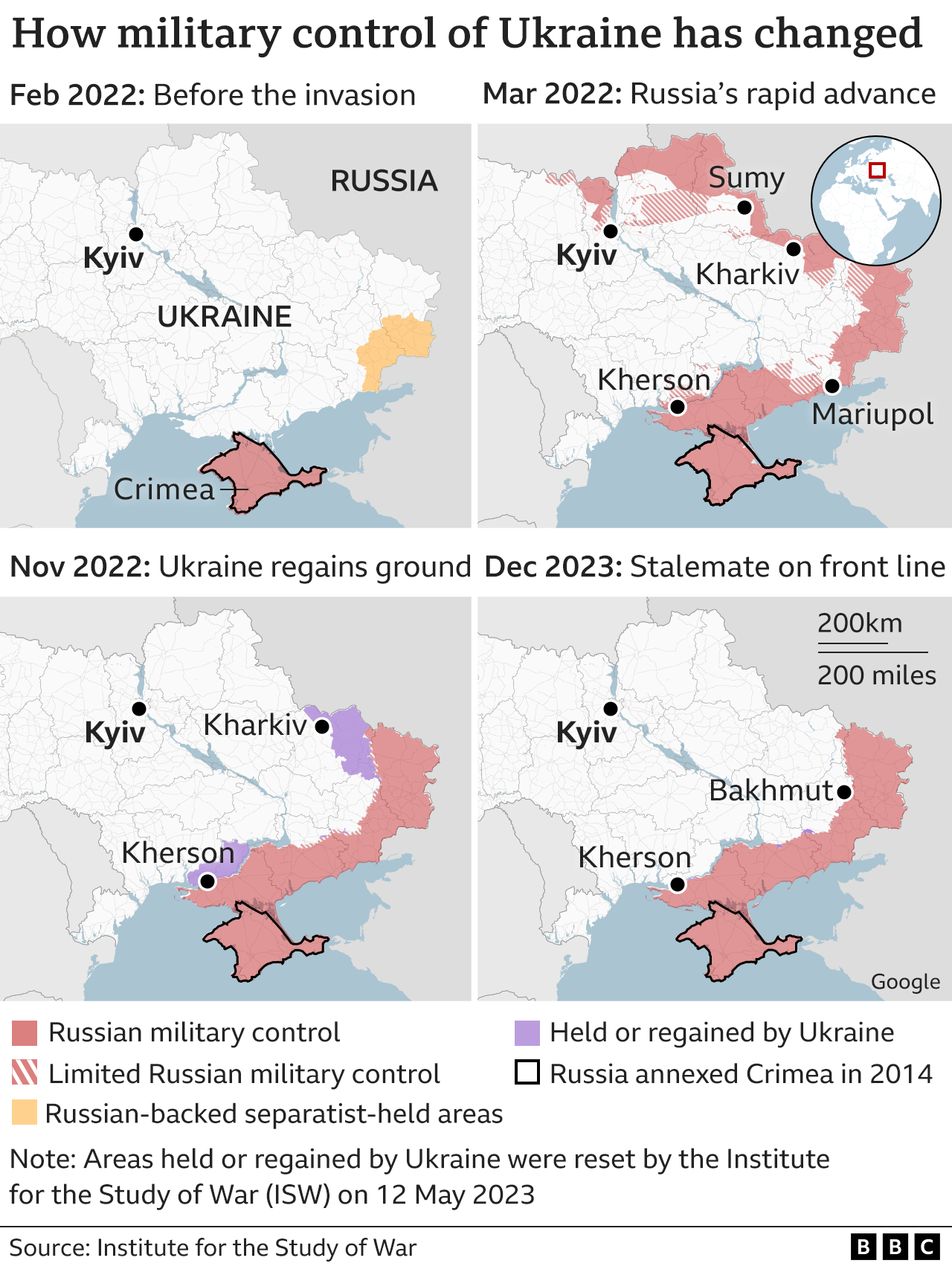 Four maps showing how battle for control of Ukraine has changed