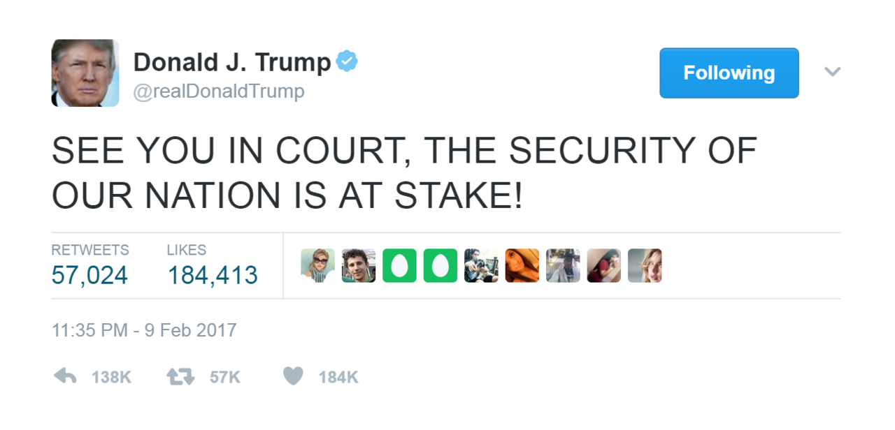 Link to tweet by President Trump: "See you in court"