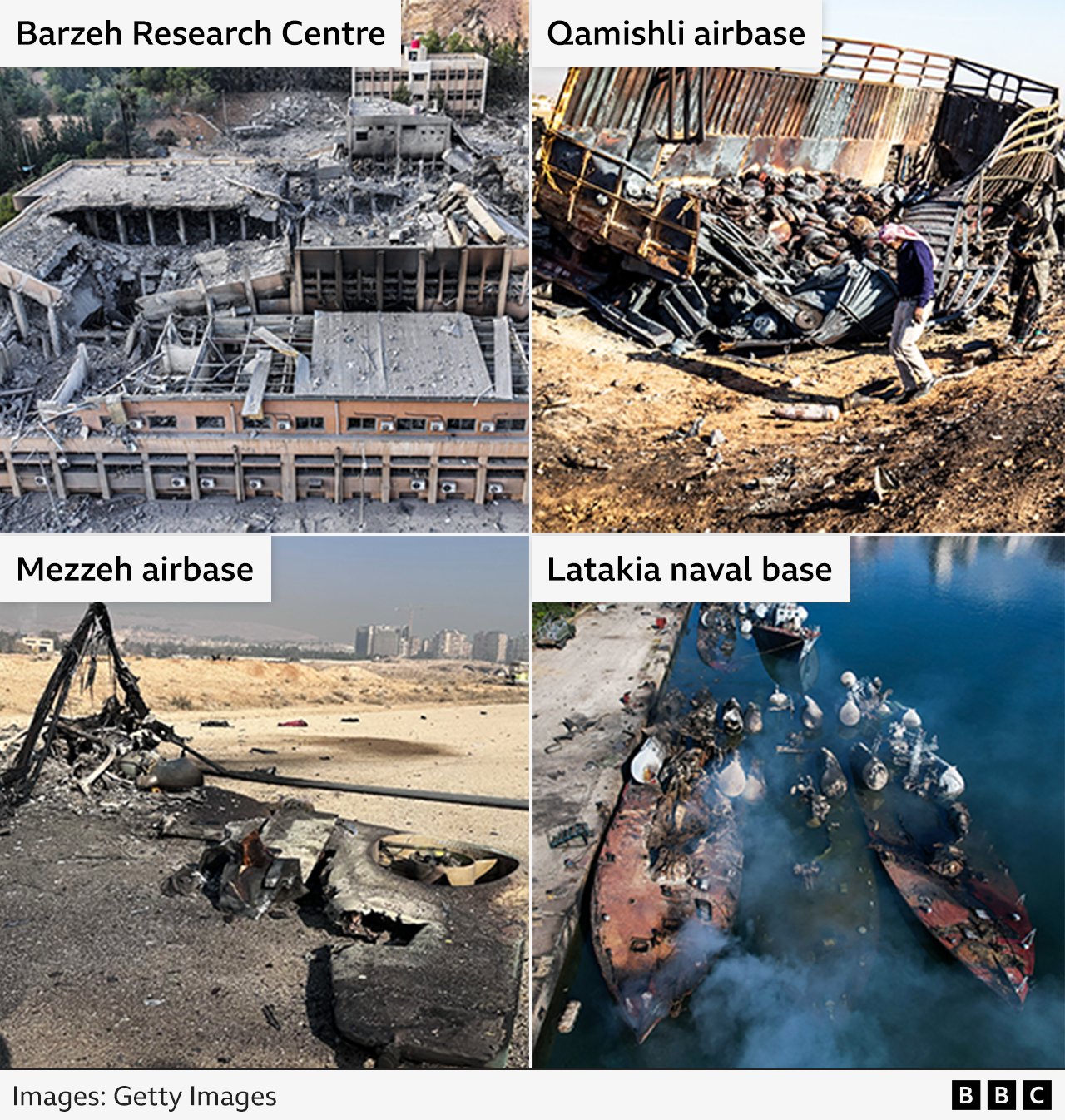 Four photos showing destruction reportedly caused by Israeli air strikes in the last few days on military targets: the Barzeh scientific research centre near Damascus, the Qamishli airbase in northeastern Syria, the Mezzeh airbase in Damascus and the Latakia naval base. 