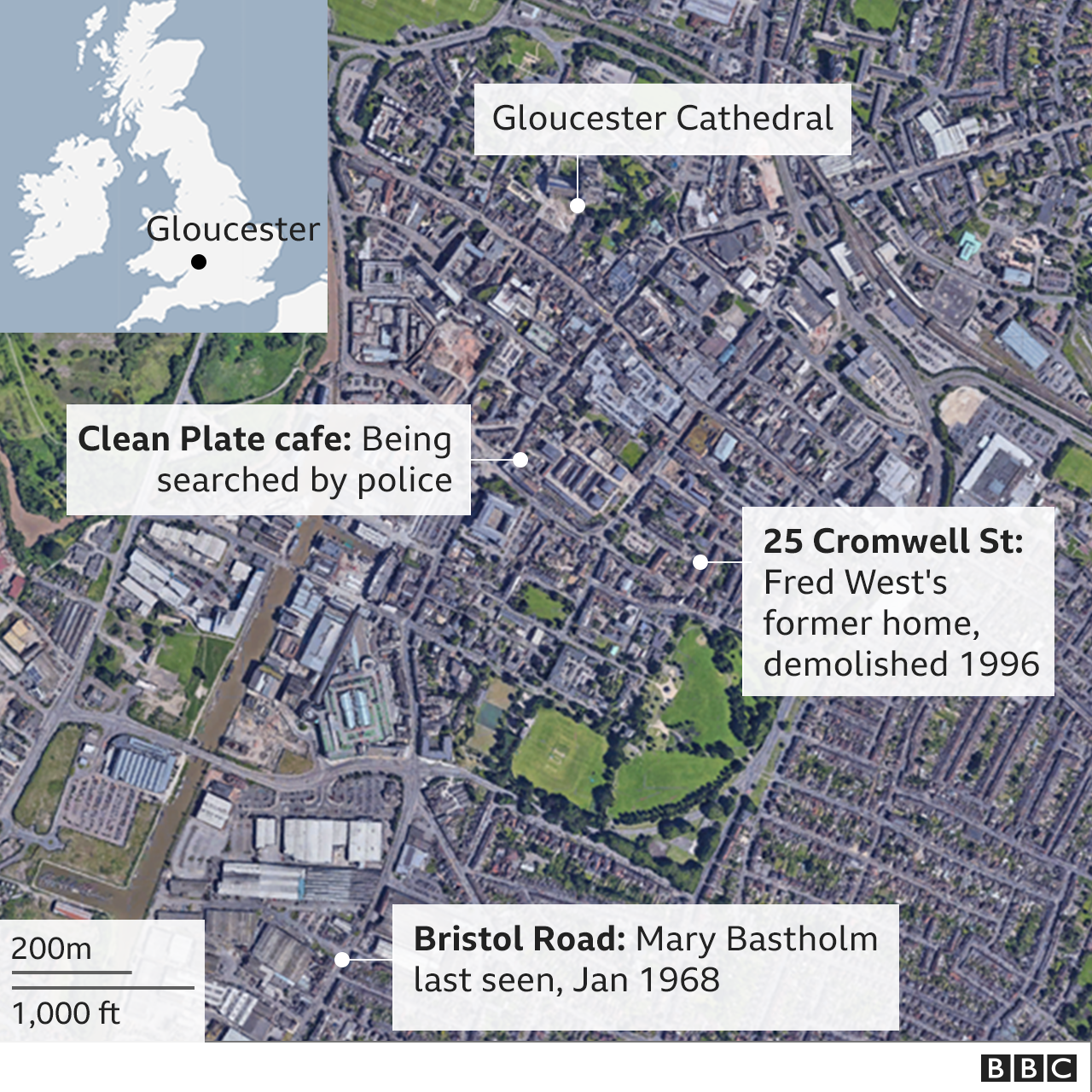 Map showing key locations in Gloucester