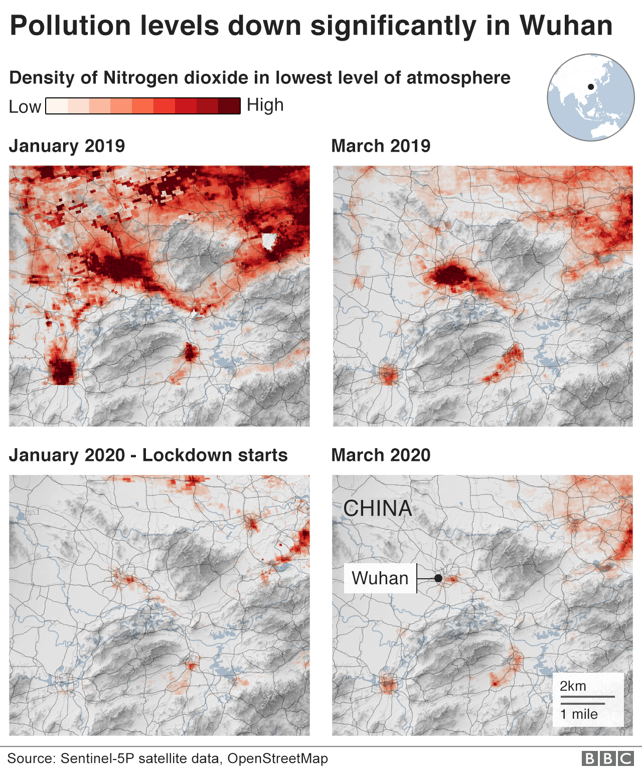 Map showing change in pollution levels in Wuhan