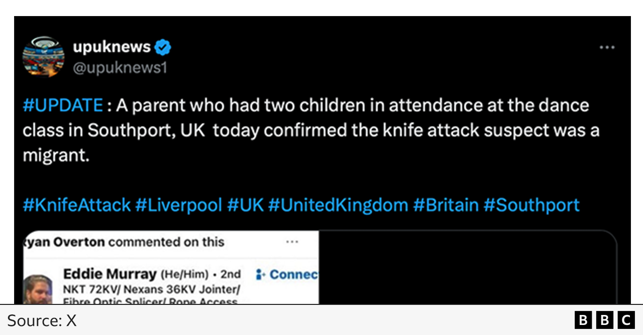 Upuknews tweet: "UPDATE: A parent who had two children in attendance at the dance class in Southport, UK today confirmed the knife attack suspect was a migrant." It screenshots Eddie Murray's post, which is pictured underneath the tweet