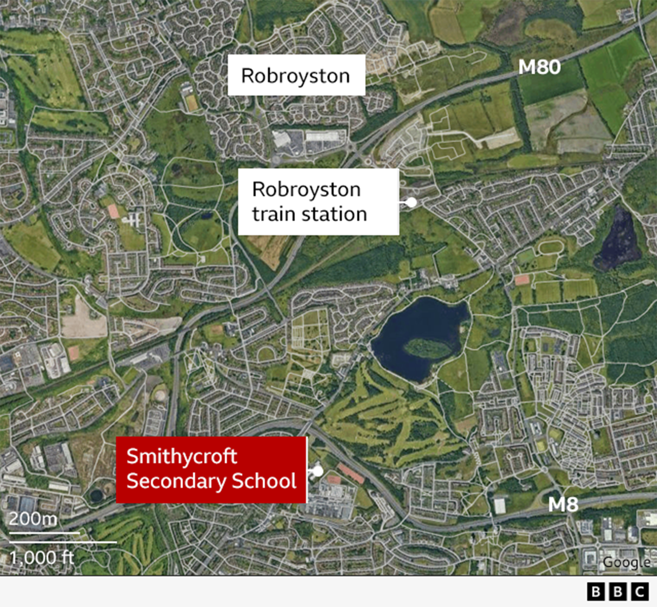 A map showing Smithycroft school in relation to Robroyston and Robroyston train station