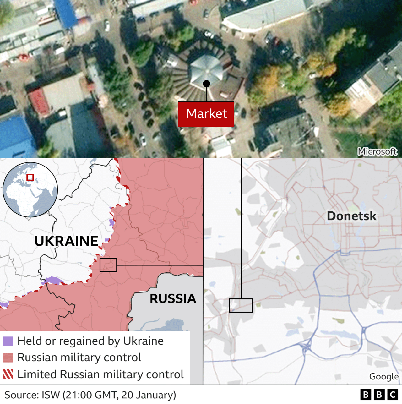 A map shows where the market in Donetsk is and how that fits into the wider war